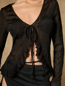SHEIN ICON Tie Front Ruffle Trim Semi-sheer Top - Black - View 5