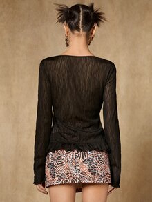SHEIN ICON Tie Front Ruffle Trim Semi-sheer Top - Black - View 3