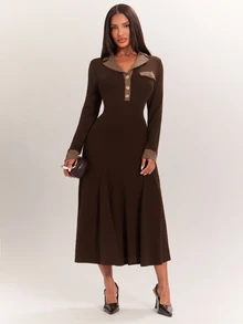 Radiana Vestido de fiesta y oficina para mujer con bloques de color, elegante, cintura ceñida, largo medio, marrón oscuro, otoño, Día del Maestro - Marrón - Ver 7
