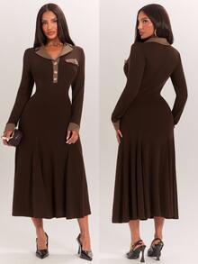 Radiana Vestido de fiesta y oficina para mujer con bloques de color, elegante, cintura ceñida, largo medio, marrón oscuro, otoño, Día del Maestro - Marrón - Ver 3