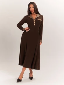 Radiana Vestido de fiesta y oficina para mujer con bloques de color, elegante, cintura ceñida, largo medio, marrón oscuro, otoño, Día del Maestro - Marrón - Ver 8