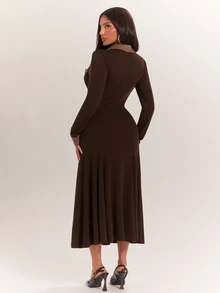 Radiana Vestido de fiesta y oficina para mujer con bloques de color, elegante, cintura ceñida, largo medio, marrón oscuro, otoño, Día del Maestro - Marrón - Ver 5