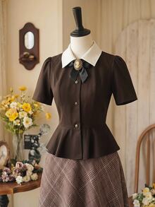 Vintamour Vintage Elegant Women's Blazer With Contrast Color Bow Brooch Button Lapel Casual Commute Holiday Festival Top - Brown - View 6