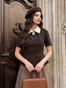 Vintamour Vintage Elegant Women's Blazer With Contrast Color Bow Brooch Button Lapel Casual Commute Holiday Festival Top - Brown - View 5