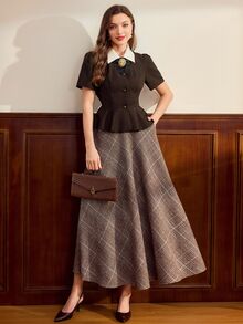 Vintamour Vintage Elegant Women's Blazer With Contrast Color Bow Brooch Button Lapel Casual Commute Holiday Festival Top - Brown - View 8