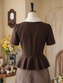 Vintamour Vintage Elegant Women's Blazer With Contrast Color Bow Brooch Button Lapel Casual Commute Holiday Festival Top - Brown - View 7