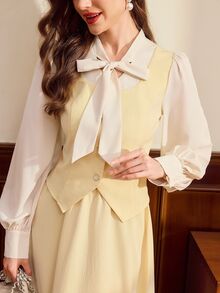 Vintamour 復古學院風經典優雅女款兩件套 秋季黃色 教師節 辦公室 秋冬 2026 開學季 優雅女套裝 田園風 - 鵝黃色 - 查看 7