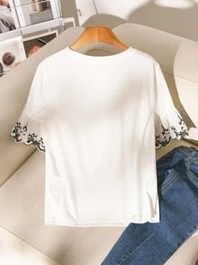 Story & Sage Women's Casual Vacation T-Shirt, Spring/Summer Fitted Embroidered T-Shirt, Flare Sleeve T-Shirt, White Short Sleeve T-Shirt, Knit/Woven Patchwork T-Shirt, Mixed Material Patchwork T-Shirt - White - View 2