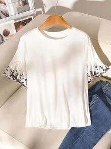 Story & Sage Women's Casual Vacation T-Shirt, Spring/Summer Fitted Embroidered T-Shirt, Flare Sleeve T-Shirt, White Short Sleeve T-Shirt, Knit/Woven Patchwork T-Shirt, Mixed Material Patchwork T-Shirt - White - View 3