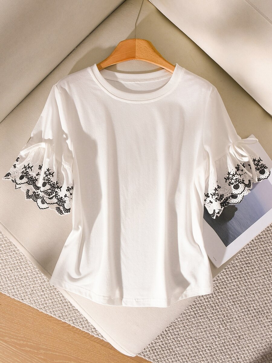 Story & Sage Women's Casual Vacation T-Shirt, Spring/Summer Fitted Embroidered T-Shirt, Flare Sleeve T-Shirt, White Short Sleeve T-Shirt, Knit/Woven Patchwork T-Shirt, Mixed Material Patchwork T-Shirt - White - View 1