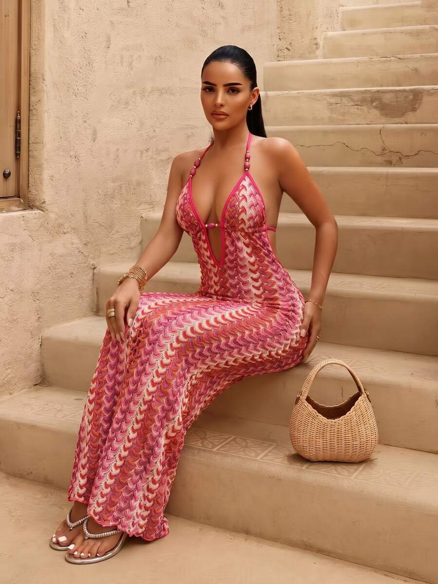 SHEIN Swim Swim Chiccia 女款粉色夏季海灘度假派對鏤空長版露背深V領無袖鉤針掛脖綁肩珠飾洋裝 - 彩色 - 查看 1