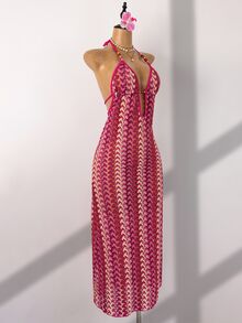 SHEIN Swim Swim Chiccia 女款粉色夏季海灘度假派對鏤空長版露背深V領無袖鉤針掛脖綁肩珠飾洋裝 - 彩色 - 查看 4