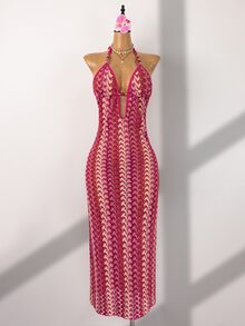 SHEIN Swim Swim Chiccia 女款粉色夏季海灘度假派對鏤空長版露背深V領無袖鉤針掛脖綁肩珠飾洋裝 - 彩色 - 查看 5