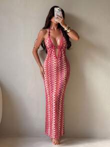 SHEIN Swim Swim Chiccia 女款粉色夏季海灘度假派對鏤空長版露背深V領無袖鉤針掛脖綁肩珠飾洋裝 - 彩色 - 查看 3