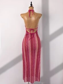 SHEIN Swim Swim Chiccia 女款粉色夏季海灘度假派對鏤空長版露背深V領無袖鉤針掛脖綁肩珠飾洋裝 - 彩色 - 查看 2