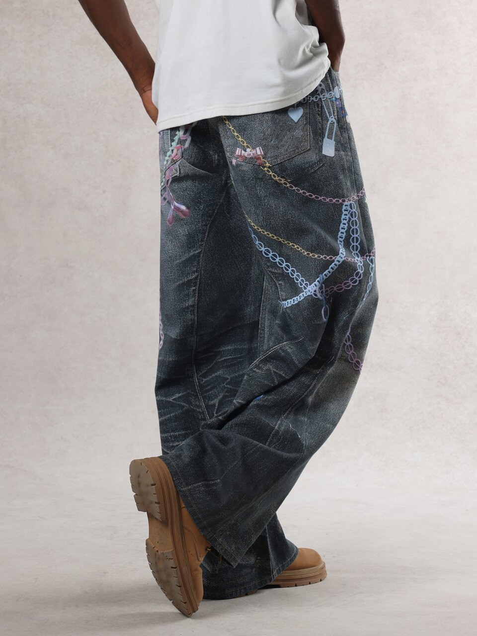 Men's Distressed Solid Color Digital Printed Faux Zipper Denim Jeans, Autumn
