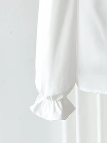 SHEIN 青少年女孩寬鬆休閒極簡舒適日常大學風白色袖子優雅荷葉邊前襟襯衫，長袖上衣返校穿搭 - 白色 - 查看 3