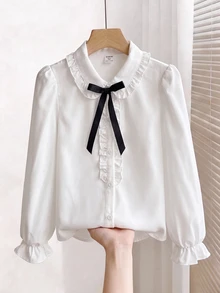 SHEIN 青少年女孩寬鬆休閒極簡舒適日常大學風白色袖子優雅荷葉邊前襟襯衫，長袖上衣返校穿搭 - 白色 - 查看 6