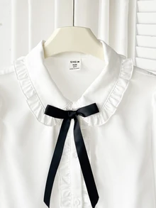 SHEIN 青少年女孩寬鬆休閒極簡舒適日常大學風白色袖子優雅荷葉邊前襟襯衫，長袖上衣返校穿搭 - 白色 - 查看 4