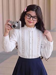 SHEIN 青少年女孩休閒純棉白色襯衫，刺繡裝飾、荷葉邊、單排鈕扣，純白色優雅鏤空襯衫，春季風格 - 白色 - 查看 12
