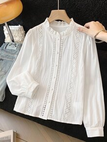 SHEIN 青少年女孩休閒純棉白色襯衫，刺繡裝飾、荷葉邊、單排鈕扣，純白色優雅鏤空襯衫，春季風格 - 白色 - 查看 2