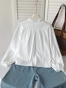 SHEIN 青少年女孩休閒純棉白色襯衫，刺繡裝飾、荷葉邊、單排鈕扣，純白色優雅鏤空襯衫，春季風格 - 白色 - 查看 5