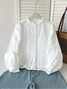 SHEIN 青少年女孩休閒純棉白色襯衫，刺繡裝飾、荷葉邊、單排鈕扣，純白色優雅鏤空襯衫，春季風格 - 白色 - 查看 4