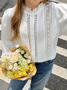 SHEIN 青少年女孩休閒純棉白色襯衫，刺繡裝飾、荷葉邊、單排鈕扣，純白色優雅鏤空襯衫，春季風格 - 白色 - 查看 8