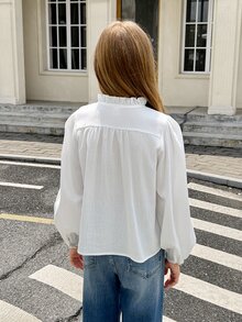SHEIN 青少年女孩休閒純棉白色襯衫，刺繡裝飾、荷葉邊、單排鈕扣，純白色優雅鏤空襯衫，春季風格 - 白色 - 查看 9