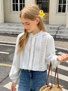 SHEIN 青少年女孩休閒純棉白色襯衫，刺繡裝飾、荷葉邊、單排鈕扣，純白色優雅鏤空襯衫，春季風格 - 白色 - 查看 6
