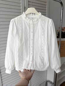 SHEIN 青少年女孩休閒純棉白色襯衫，刺繡裝飾、荷葉邊、單排鈕扣，純白色優雅鏤空襯衫，春季風格 - 白色 - 查看 3