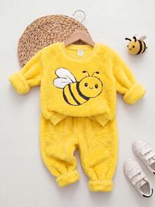 Babygirl Yellow Cute Bee Pattern Fuzzy Loungewear Set 2pcs Autumn - Yellow - View 5