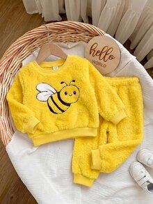 Babygirl Yellow Cute Bee Pattern Fuzzy Loungewear Set 2pcs Autumn - Yellow - View 7