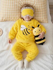 Babygirl Yellow Cute Bee Pattern Fuzzy Loungewear Set 2pcs Autumn - Yellow - View 2