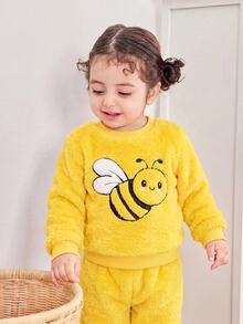 Babygirl Yellow Cute Bee Pattern Fuzzy Loungewear Set 2pcs Autumn - Yellow - View 8