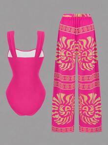 Swim Oasis Women's 2-Piece Summer Swimwear Set, One-Piece Top With Ruched Chest And Shell Trim, Random Print Long Pants, Beach Vacation - Multicolor - View 2