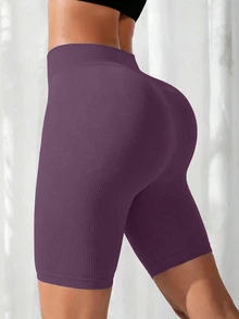 SHEIN Yoga Basic 女款純色高腰日常健身運動短褲 - 紫色 - 查看 4