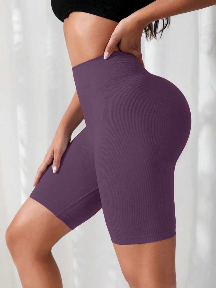 SHEIN Yoga Basic Women's Solid Color High Waist Daily Fitness Sports Shorts - Purple - View 5