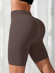 SHEIN Yoga Basic 女款休閒緊身提臀瑜伽短褲 - 咖啡棕 - 查看 6