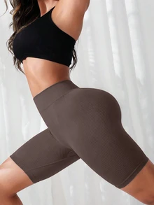 SHEIN Yoga Basic 女款休閒緊身提臀瑜伽短褲 - 咖啡棕 - 查看 5