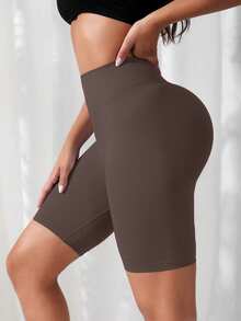 SHEIN Yoga Basic 女款休閒緊身提臀瑜伽短褲 - 咖啡棕 - 查看 3