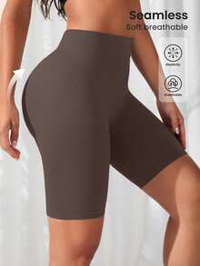 SHEIN Yoga Basic 女款休閒緊身提臀瑜伽短褲 - 咖啡棕 - 查看 2
