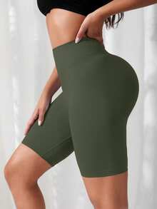SHEIN Yoga Basic Solid Color High Waist Slim Fit Sports Shorts - Olive Green - View 3