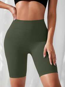 SHEIN Yoga Basic Solid Color High Waist Slim Fit Sports Shorts - Olive Green - View 4