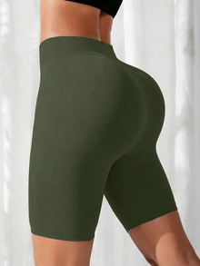 SHEIN Yoga Basic Solid Color High Waist Slim Fit Sports Shorts - Olive Green - View 5