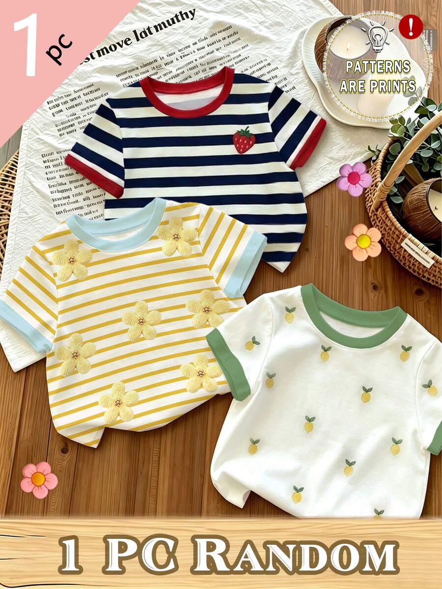 (Random Pattern, 1 Pc Random) Girls' Fresh Minimalist Yellow Striped Floral Cuff Contrast Blue Strawberry Lemon Basic Short T-Shirt, Everyday Wear - Multicolor - View 1