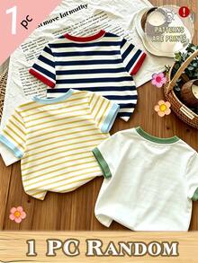 (Random Pattern, 1 Pc Random) Girls' Fresh Minimalist Yellow Striped Floral Cuff Contrast Blue Strawberry Lemon Basic Short T-Shirt, Everyday Wear - Multicolor - View 2