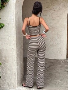 Aloruh 女款休閒居家條紋細肩帶背心與長褲套裝 - 咖啡棕 - 查看 2