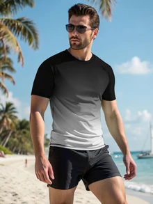 ZELFYO Kaos Rashguard Renang Pria Lengan Pendek Leher Bulat Ombre untuk Pria, Kaos Pria, Liburan - Grey - View 4