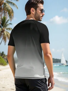 ZELFYO Kaos Rashguard Renang Pria Lengan Pendek Leher Bulat Ombre untuk Pria, Kaos Pria, Liburan - Grey - View 3
